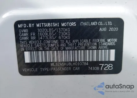 2020 Mitsubishi Mirage Gt/Le из США, поврежденный, VIN ML32A5HJ8LH010784